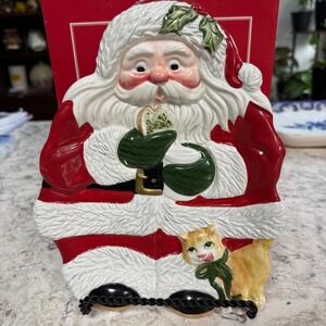 Fitz and Floyd Classics Santa Claus Cat Cookie Plate Hand Crafted